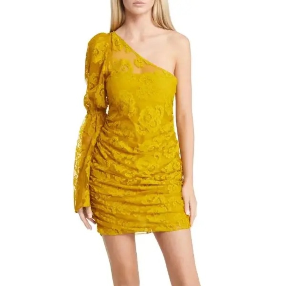 For Love & Lemons Tiana Floral Lace One Shoulder Minidress in Yellow Size Large